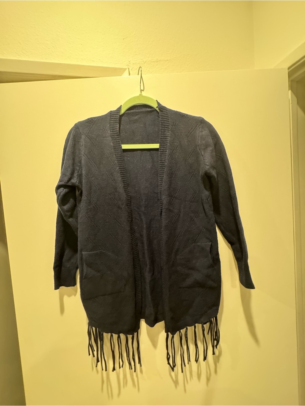 Open-Front Navy Fringe Women's Sweater Cardigan Cozy Country Beachy Old Money